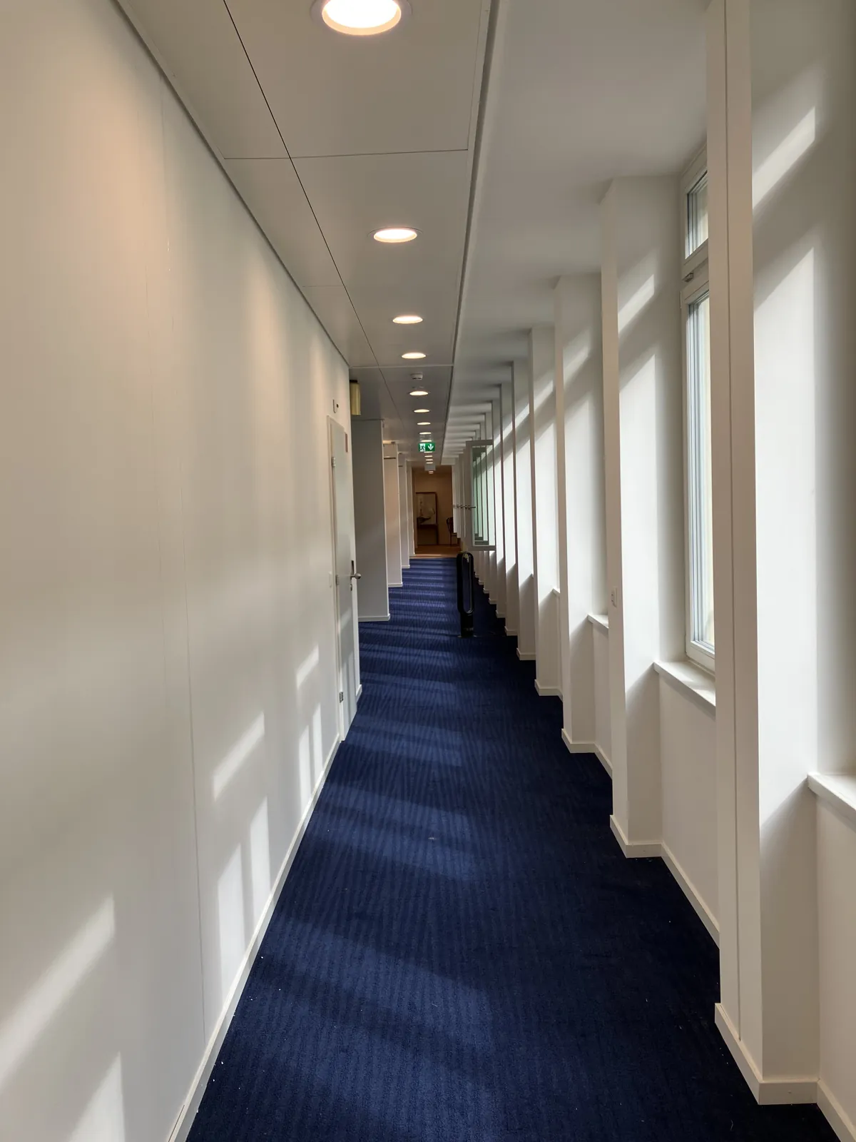 Couloir avec plafond design et mur bleu